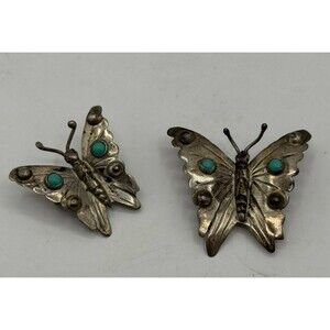Two Vintage Marked Sterling Silver Turquoise Butterfly Pin Brooch Mexico